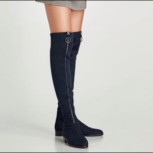 NWT ZARA navy leather suede over the knee OTK high flat boot zipper detail